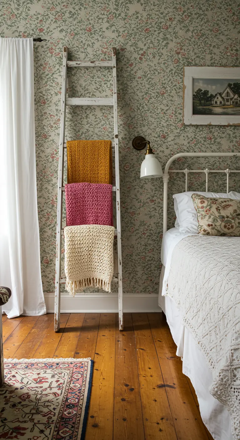 Witte, verweerde houten ladder gebruikt als decoratieve houder voor kleurrijke gebreide plaids.