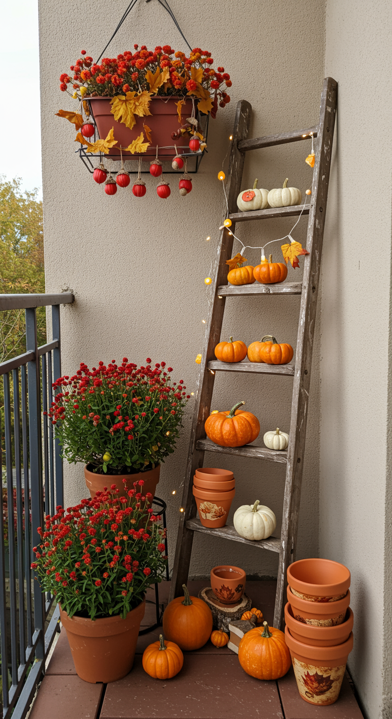 Houten ladder op balkon gebruikt als etagère voor pompoenen en herfstbloemen, met een lichtsnoer.