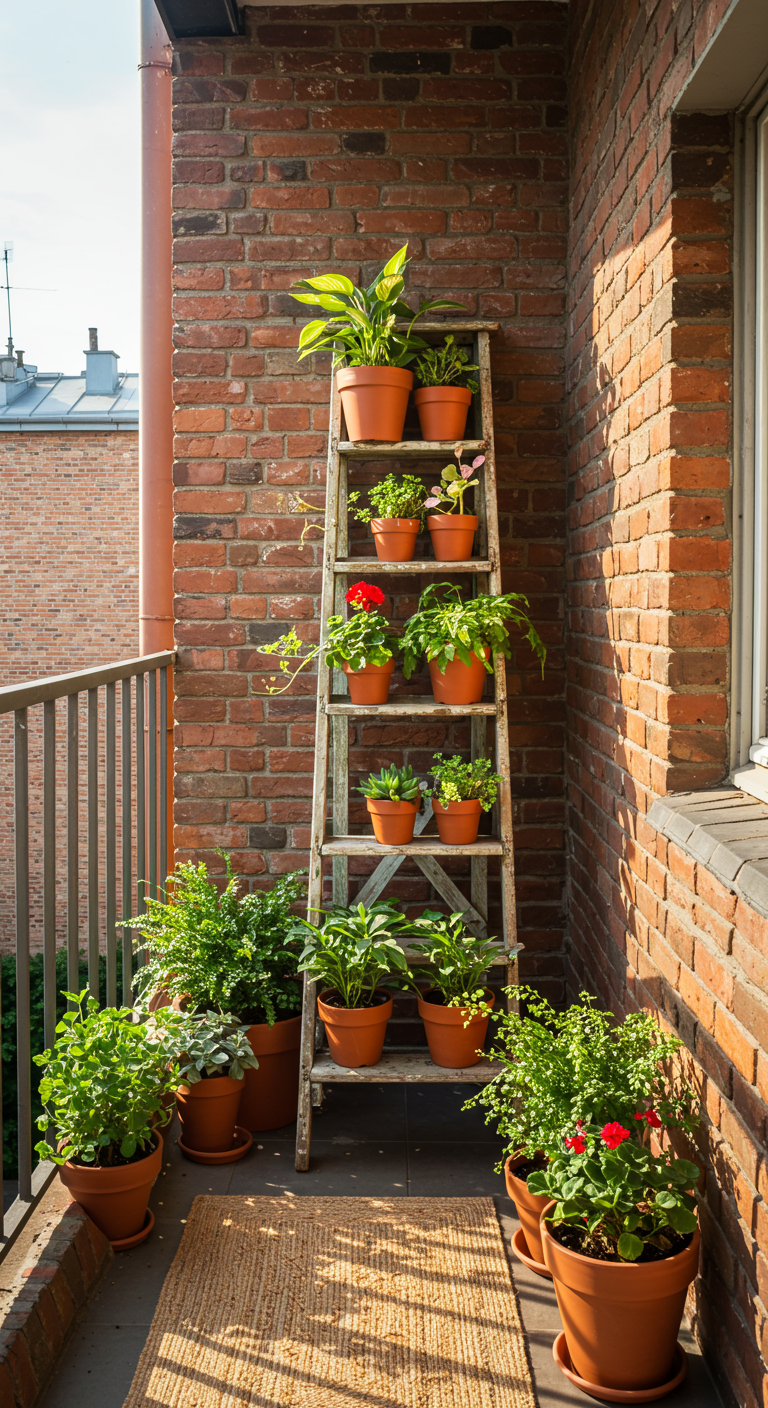 Oude houten ladder gebruikt als plantenrek tegen een bakstenen muur.