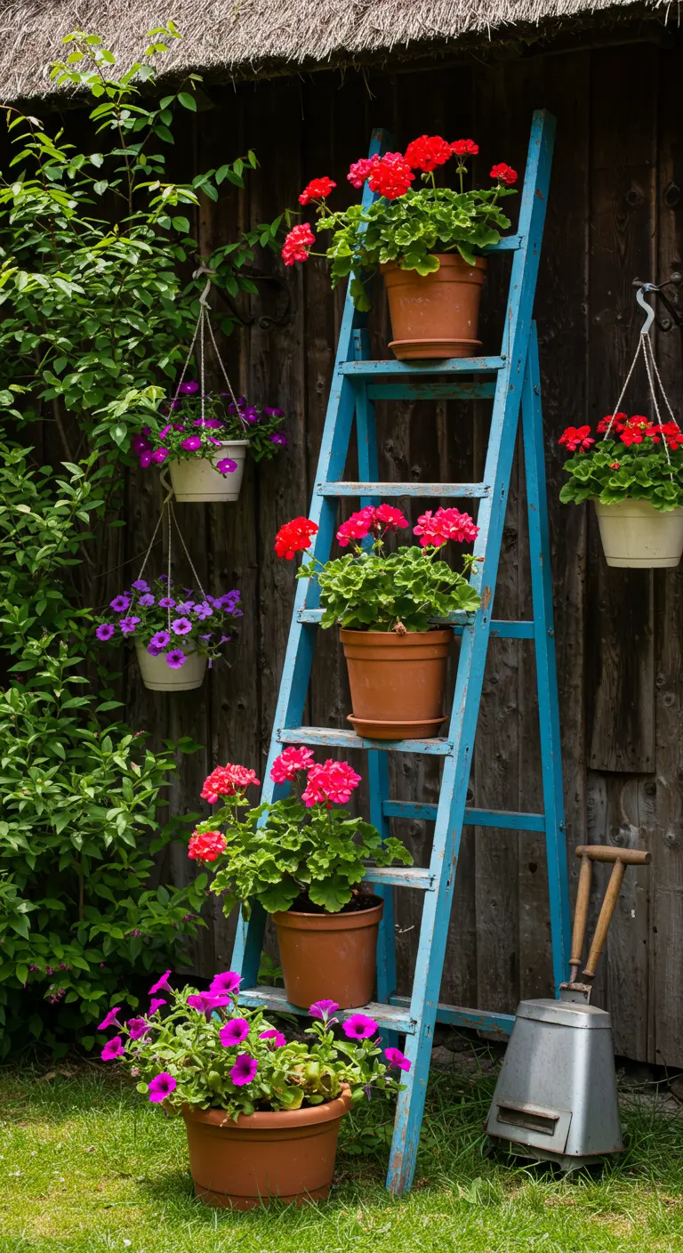 Blauwgeverfde houten ladder met diverse bloempotten op de treden en ernaast.