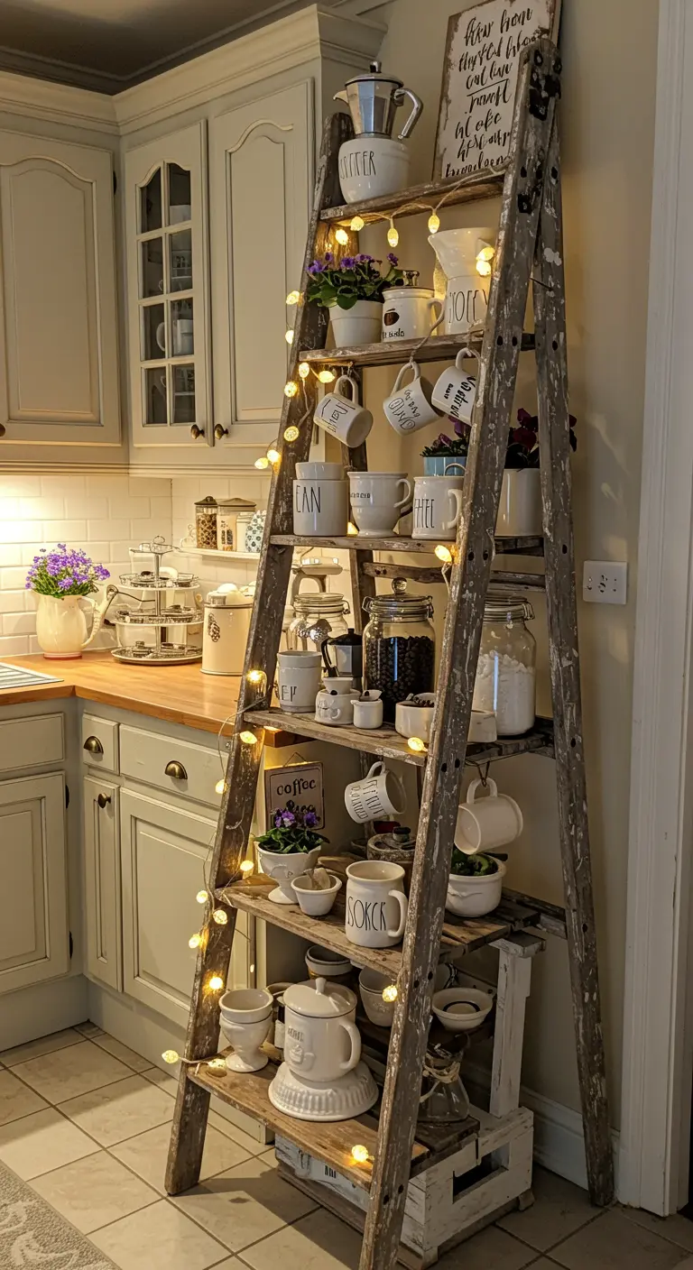Oude houten ladder gebruikt als rek voor een rustieke koffiecorner met lichtjes.