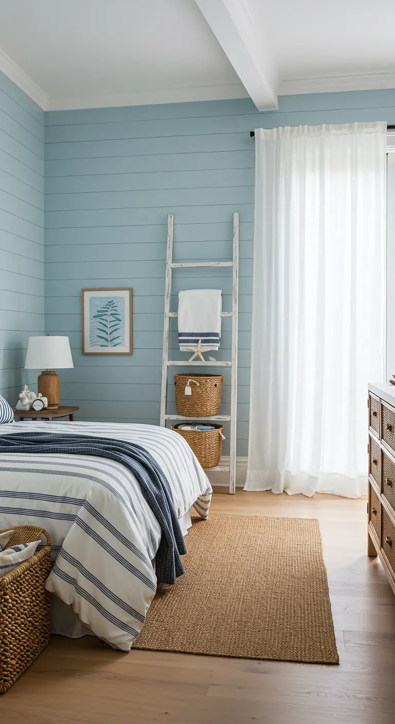 Lichte slaapkamer met een witte decoratieve ladder naast het bed.