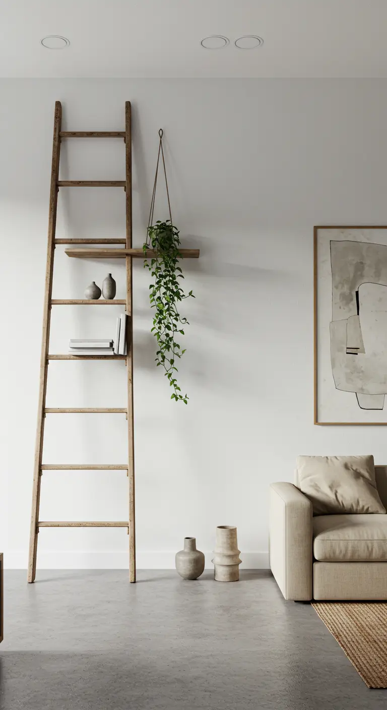 Houten ladder gebruikt als decoratief opbergrek naast een bank.
