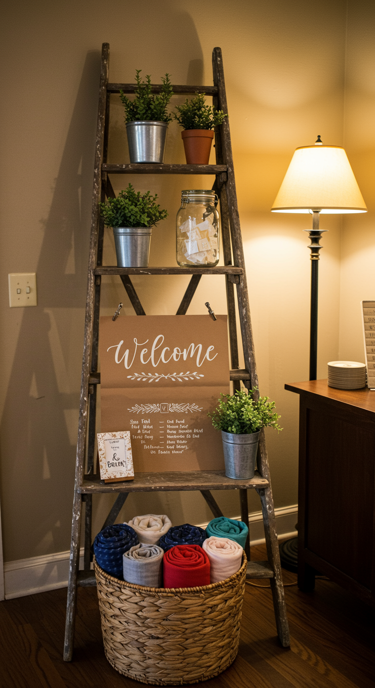 Houten ladder gebruikt als welkomstdisplay met planten, dekens en een welkomstbord.