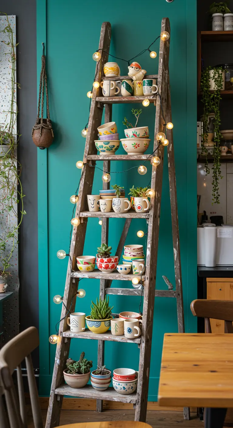 Houten ladder gebruikt als rek voor kleurrijk, handgemaakt servies en kleine plantjes, met een lichtsnoer.