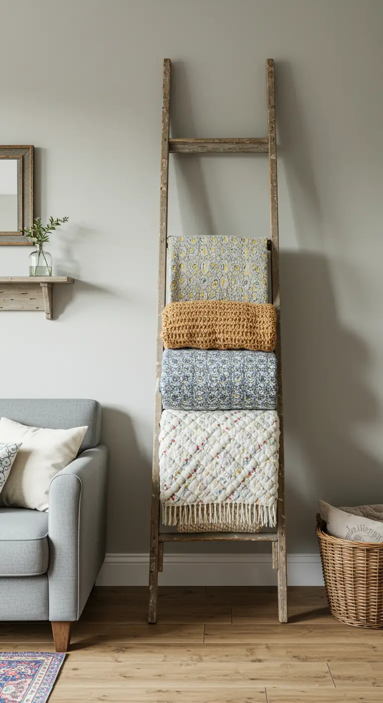 Houten ladder tegen een grijze muur, gebruikt om opgerolde plaids op te hangen.