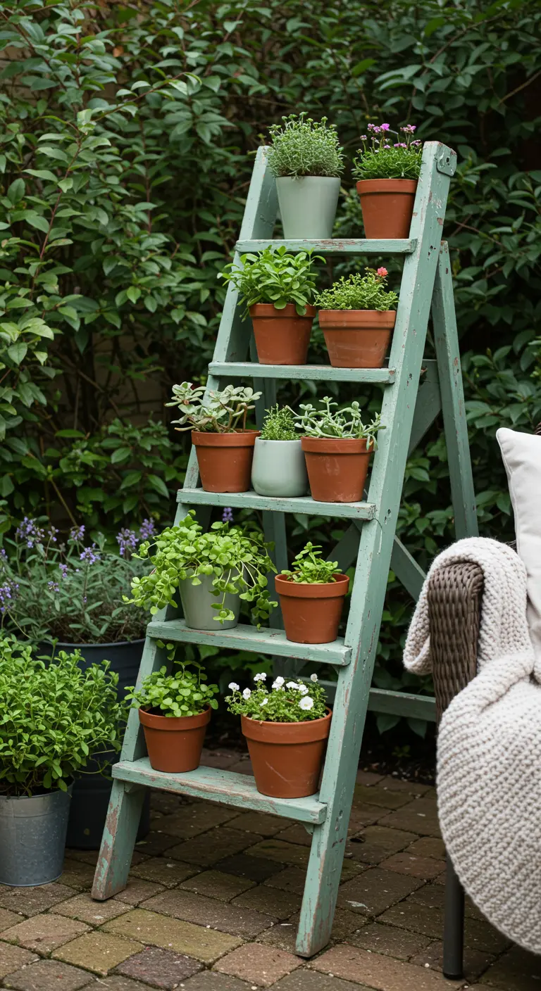 Groene, verweerde houten ladder met diverse terracotta potten en planten in een tuin.