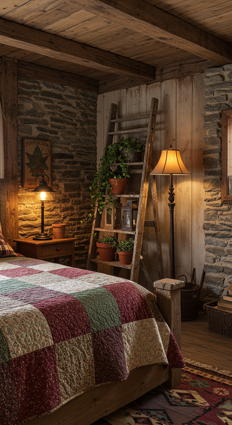 Rustieke slaapkamer met houten ladder als decoratieve plank naast het bed.