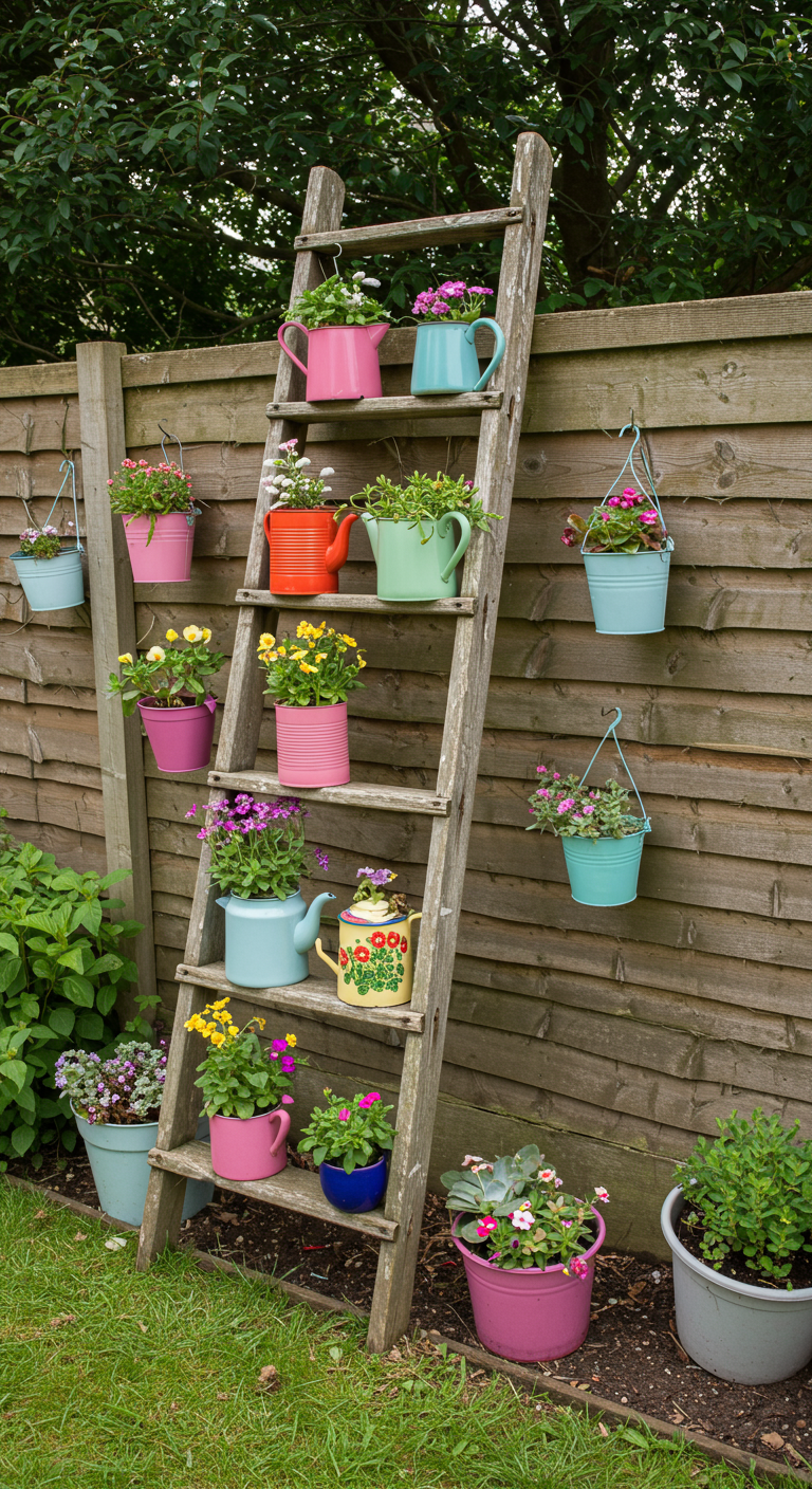 Oude houten ladder tegen schutting met kleurrijke bloempotten op de treden.