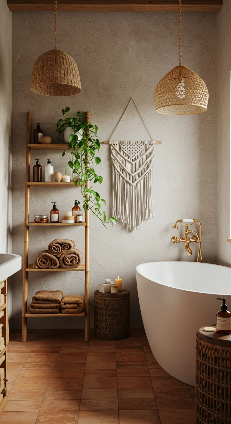 Bohemian badkamer met houten ladder als handdoekenrek en opberger.
