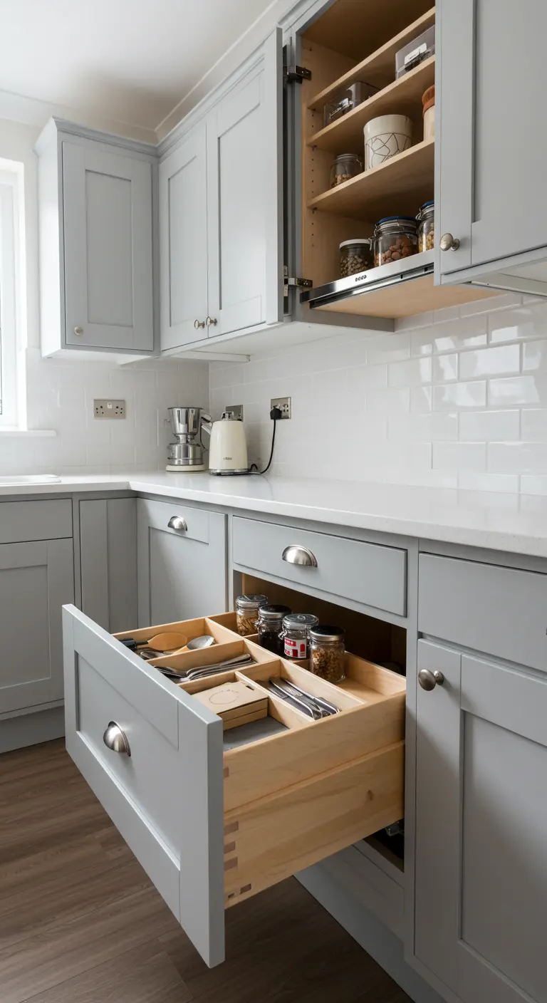 Grijze keuken met een diepe lade open, voorzien van houten ladeverdelers voor bestek en kruiden.