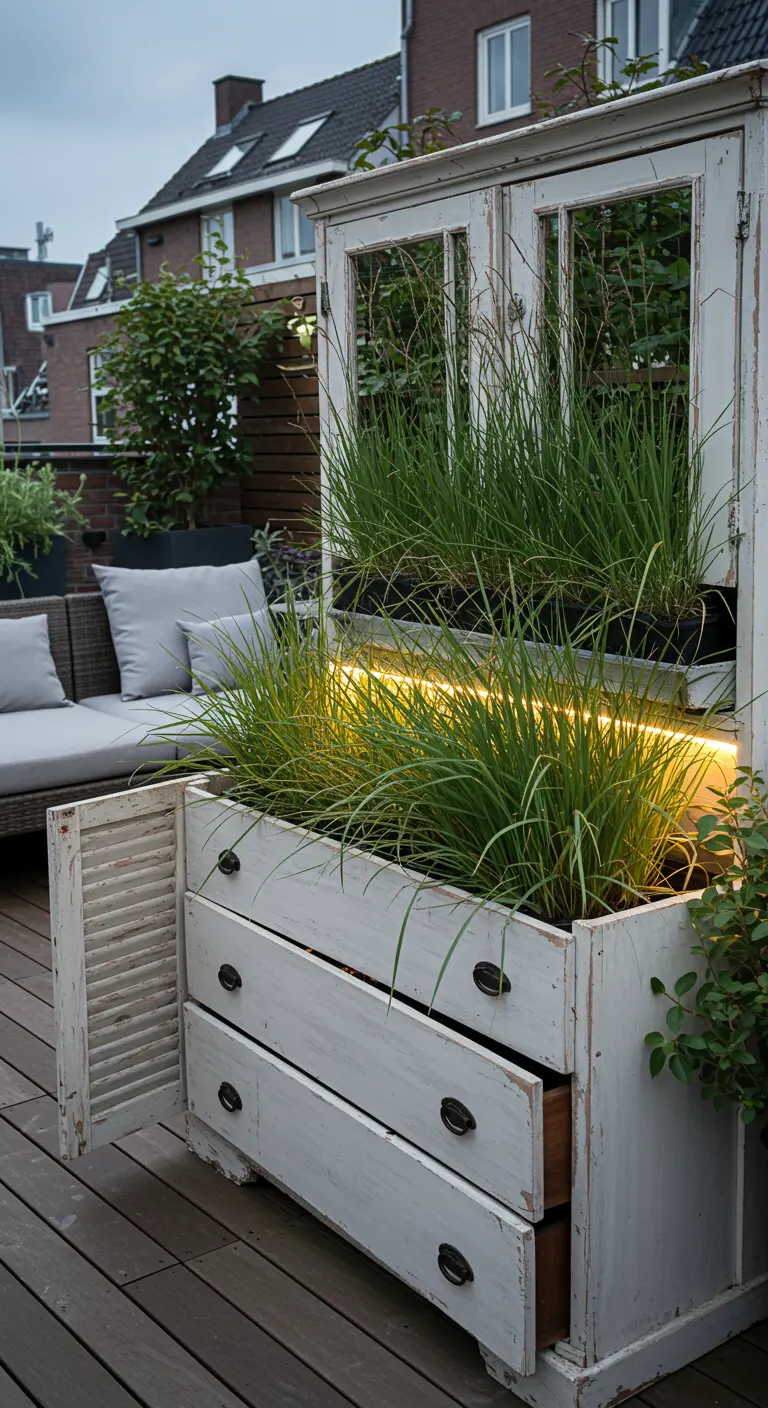 Wit brocante dressoir op een balkon, omgebouwd tot plantenbak met sfeerverlichting.