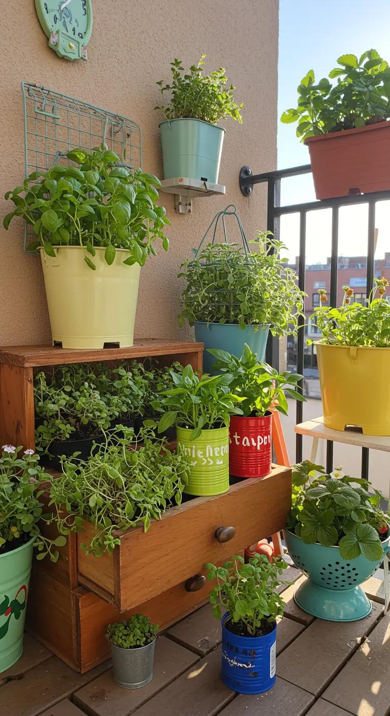 Oude houten ladekast gebruikt als plantenbak, met kruiden en groenten in de open lades.