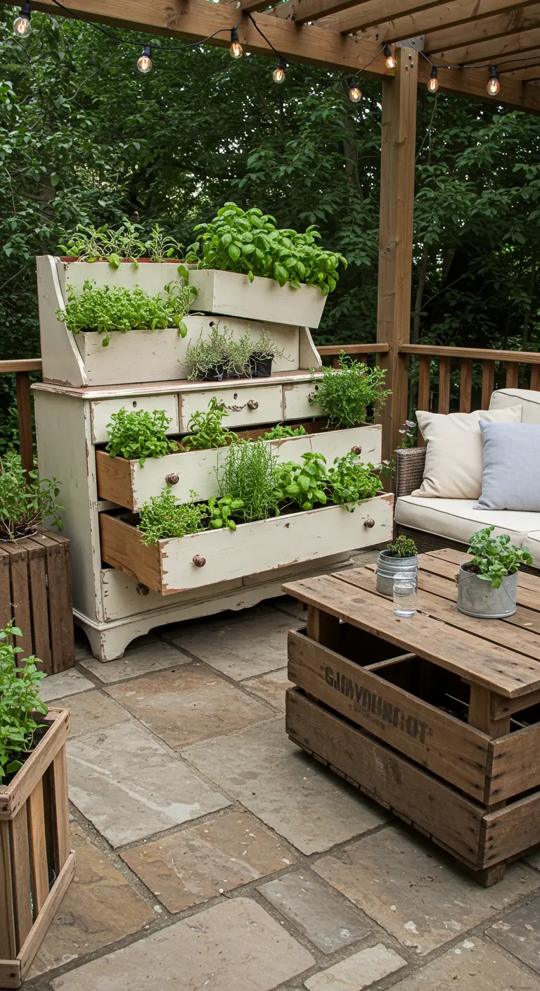 Oude, crèmekleurige ladekast met open lades gevuld met groene kruidenplanten op een terras.