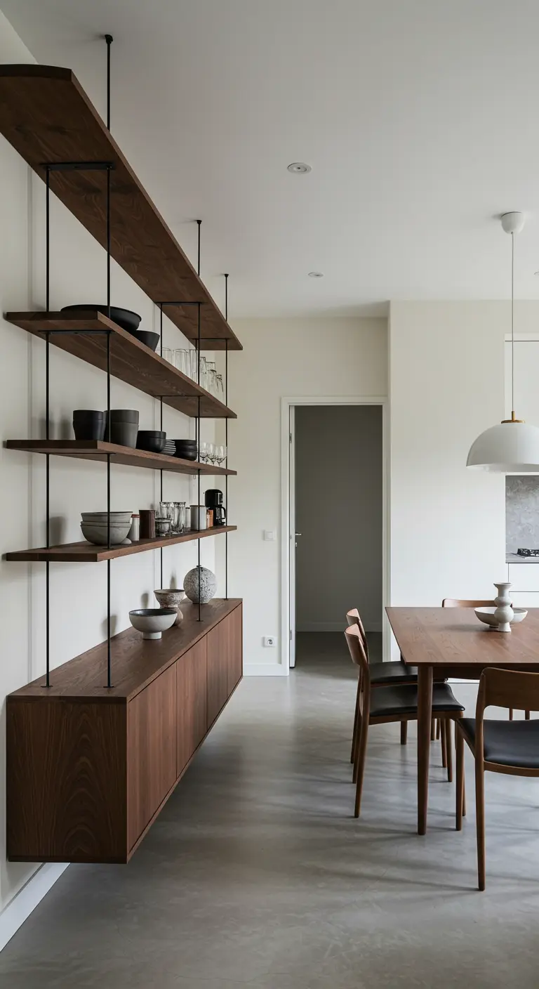 Eethoek met donkerhouten laag dressoir en open wandplanken erboven als afscheiding.