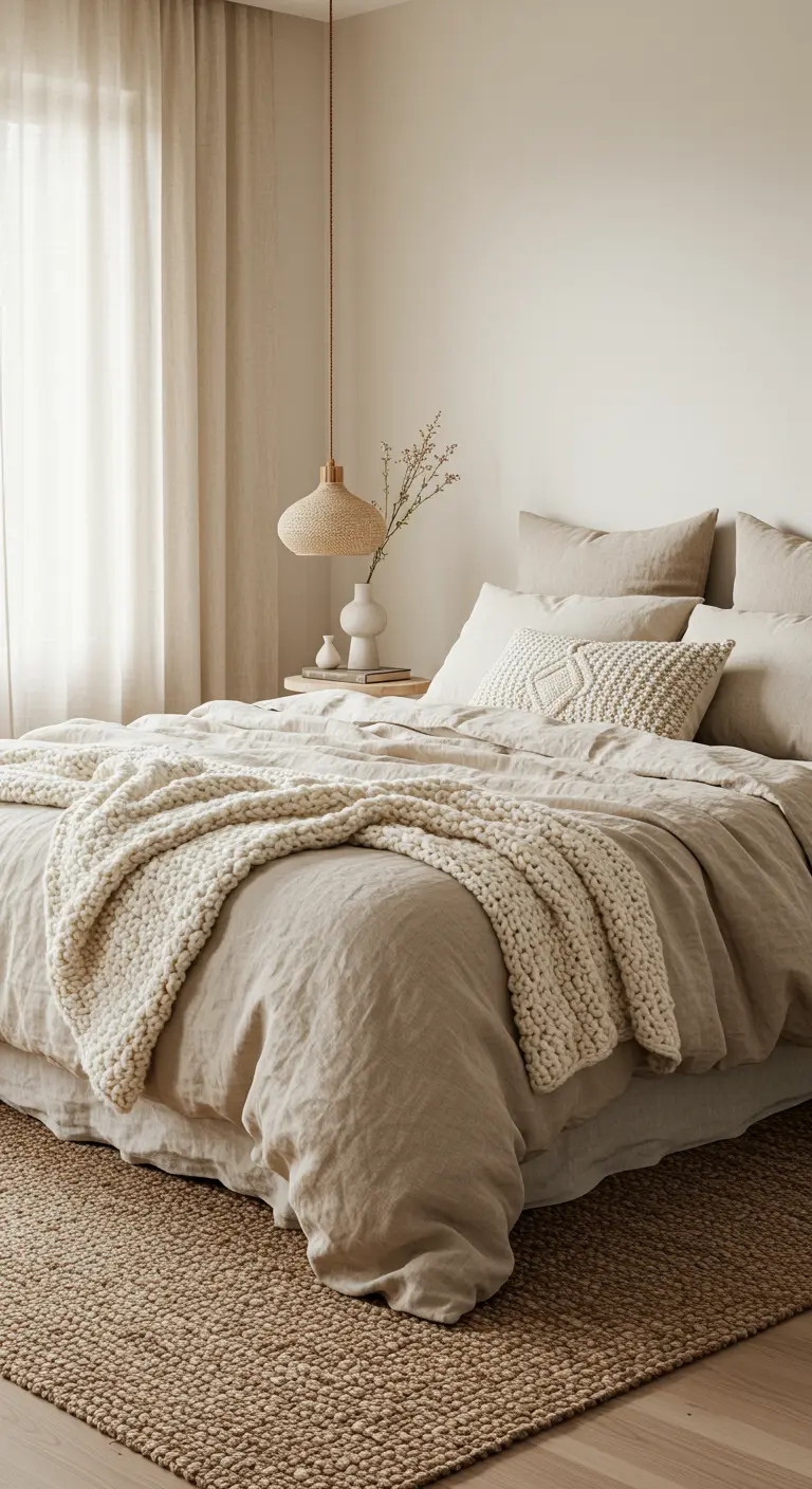 Slaapkamer met lagen van beige textiel: linnen, gebreid deken, geweven kussen.