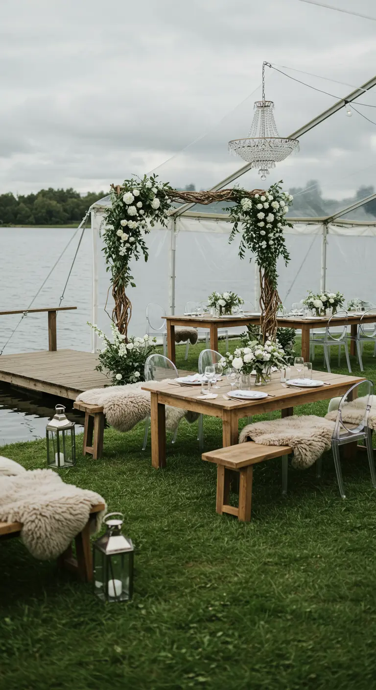 Trouwlocatie aan het meer met houten tafels, transparante stoelen en namaakbont op bankjes.