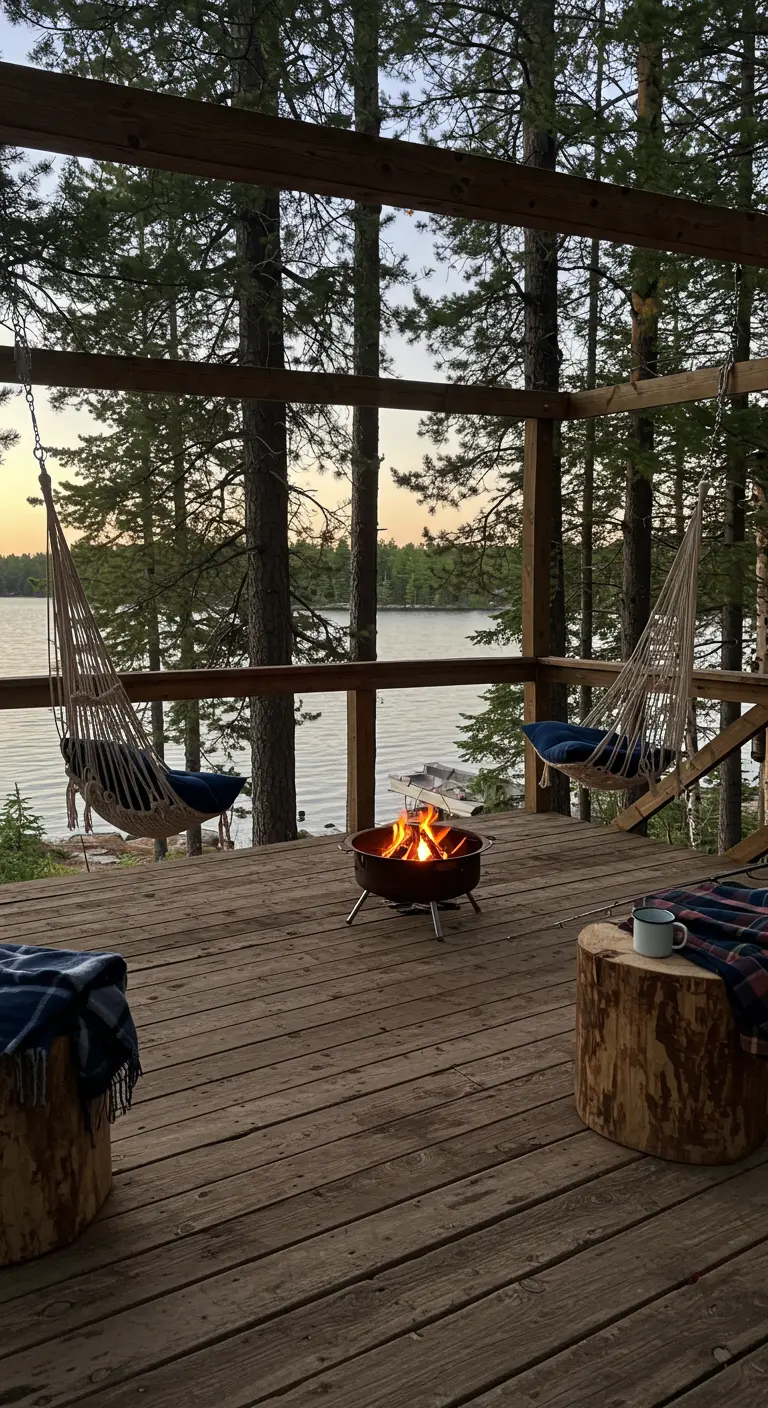 Houten veranda aan een meer met twee hangstoelen, een vuurkorf en uitzicht op zonsondergang.