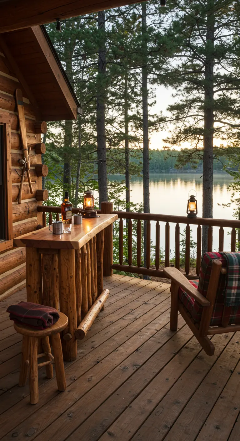 Houten blokhut veranda met bar en Adirondack schommelstoel, uitkijkend over een meer.