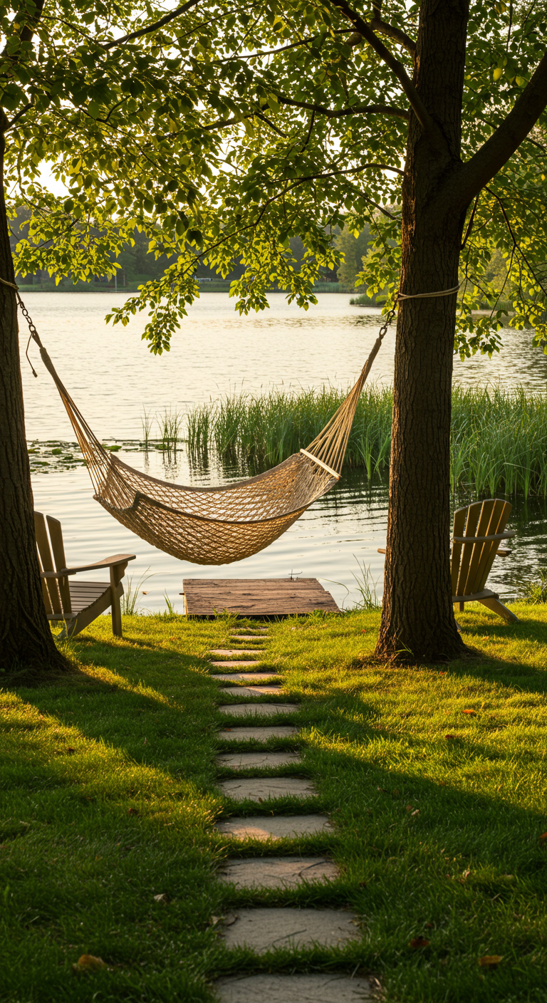 Naturel hangmat gespannen tussen twee bomen aan de oever van een meer.