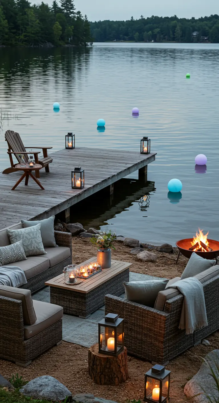 Loungehoek aan meer met vuurkorf, lantaarns en drijvende lichtbollen op het water.
