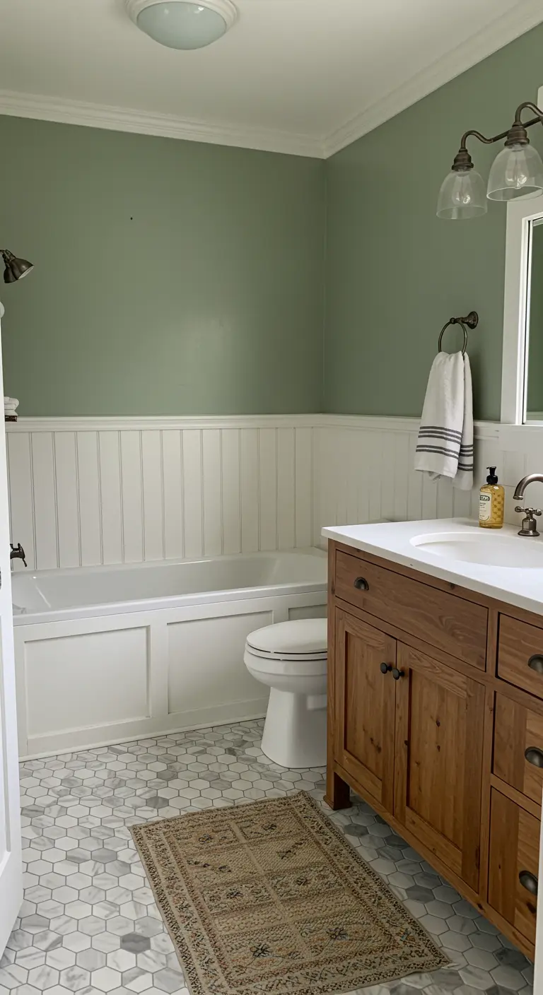 Badkamer met saliegroen geschilderde muur boven witte houten lambrisering en houten meubel.