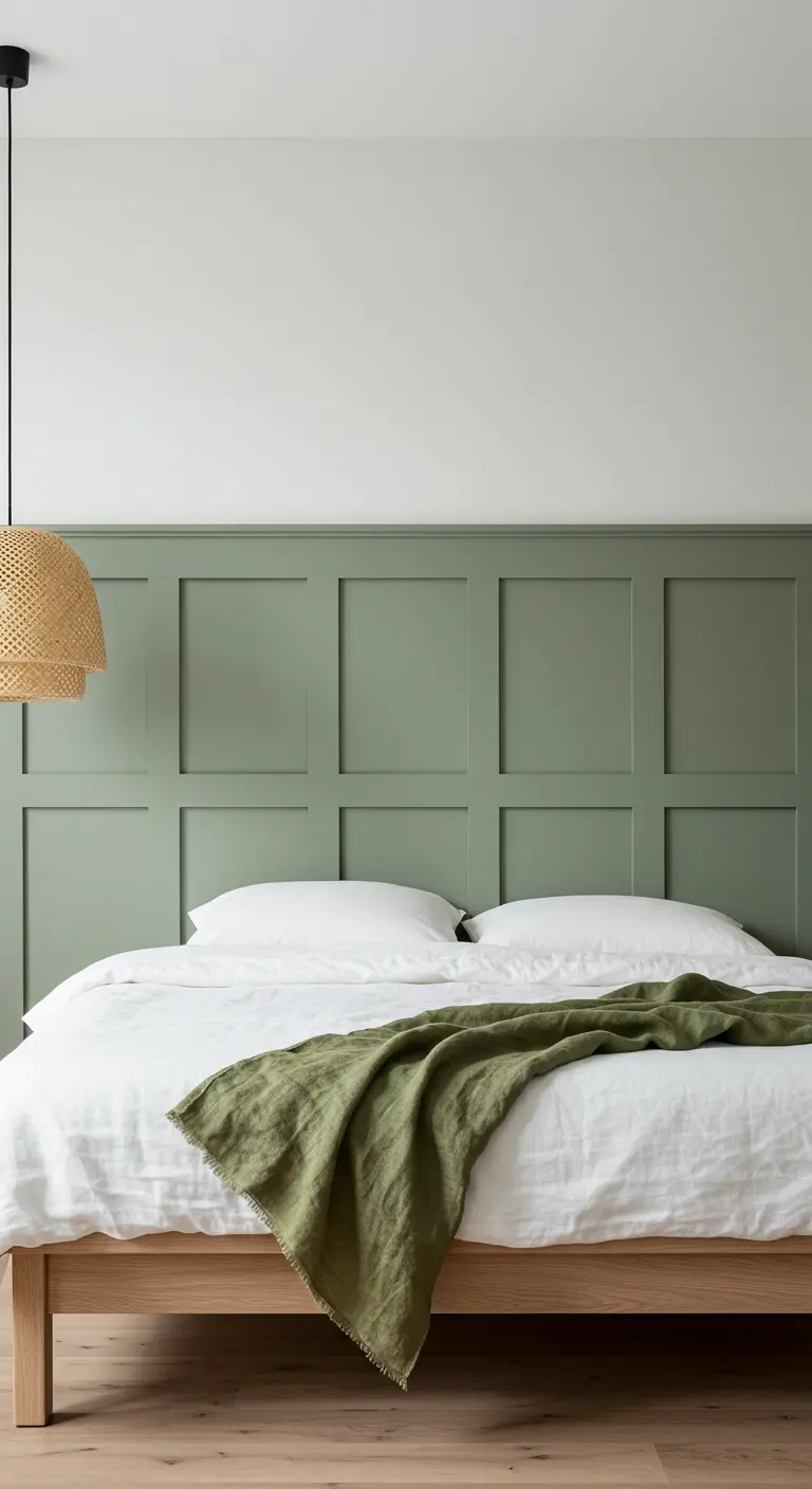 Slaapkamer met saliegroene lambrisering, houten bed en rotan hanglamp.