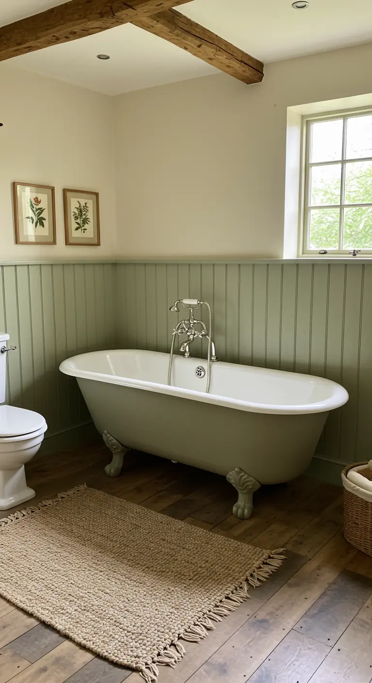 Landelijke badkamer met saliegroene houten lambrisering en een wit vrijstaand bad.
