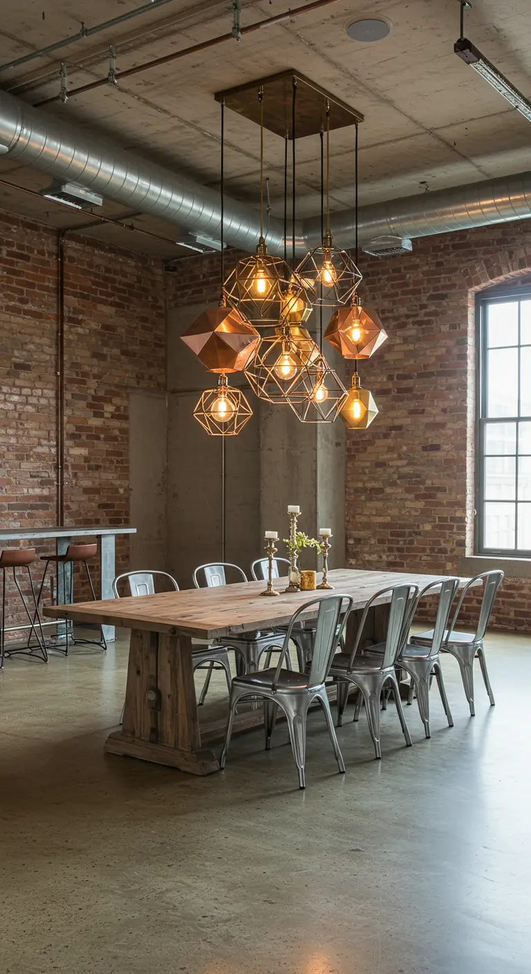Industriële eethoek met cluster van geometrische koperen hanglampen boven houten tafel.
