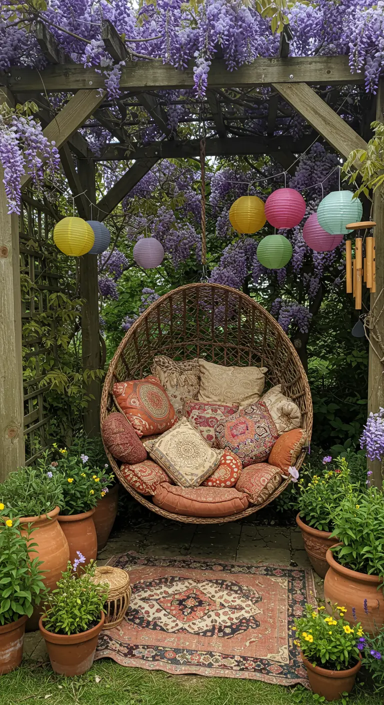 Rieten hangstoel onder pergola met blauweregen, gekleurde lampionnen en veel kussens.