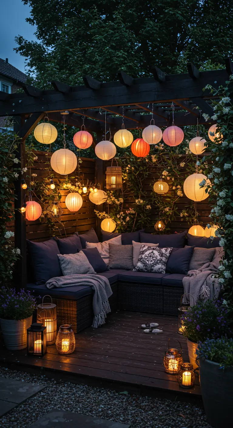 Houten pergola met loungebank en een overvloed aan kleurrijke papieren lampionnen en lantaarns, 's avonds verlicht.