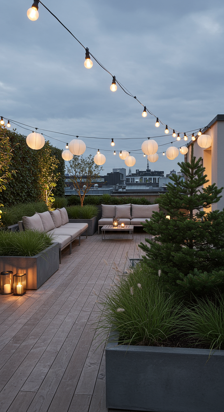 Dakterras met loungebanken, plantenbakken en lampionnen aan een lichtsnoer.