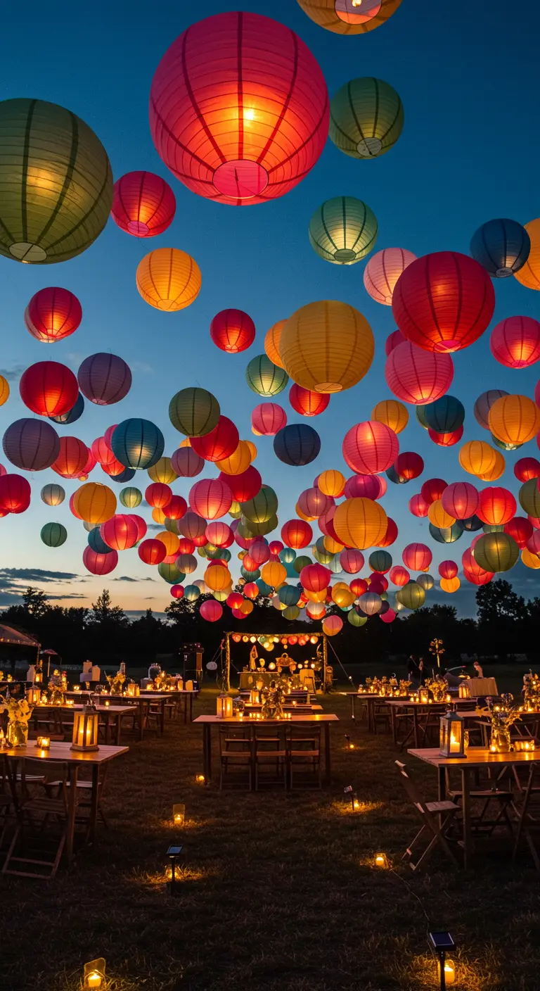 Buitenfeest met talloze kleurrijke lampionnen die de lucht verlichten boven dinertafels.