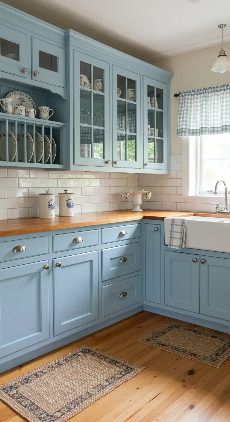 Landelijke lichtblauwe keuken met glazen kastdeurtjes en houten vloer.