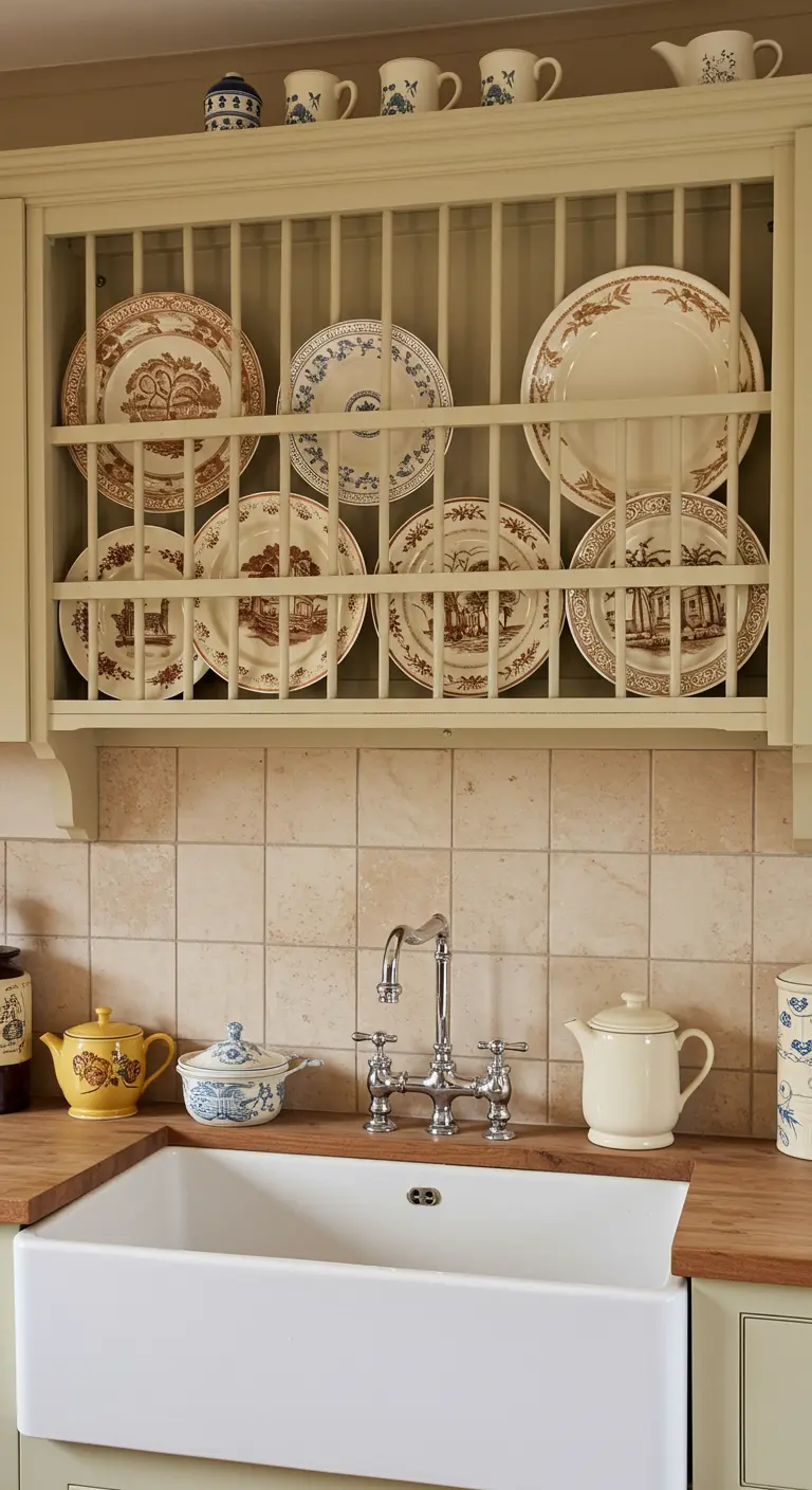 Ingebouwd houten bordenrek boven een boerderijgootsteen, gevuld met decoratieve borden.
