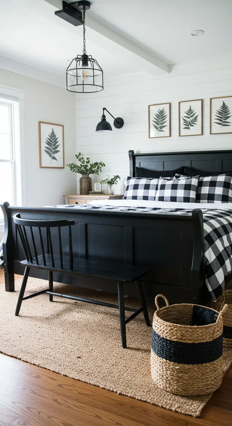 Landelijke slaapkamer met zwart bed, zwart-wit geblokt beddengoed en houten accenten.