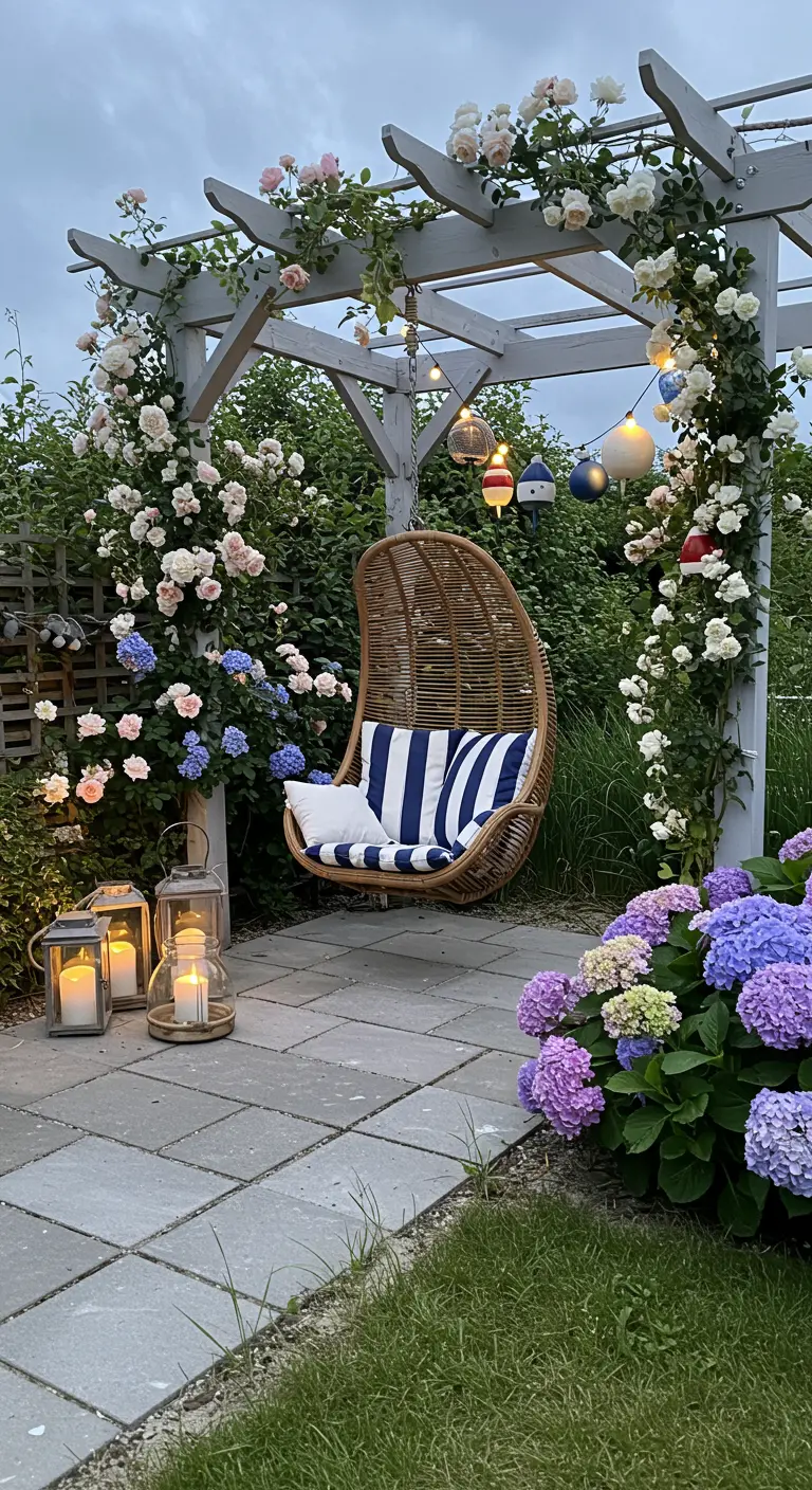 Witte pergola met klimrozen, rotan hangstoel met blauw-wit kussen, lantaarns en hortensia's.