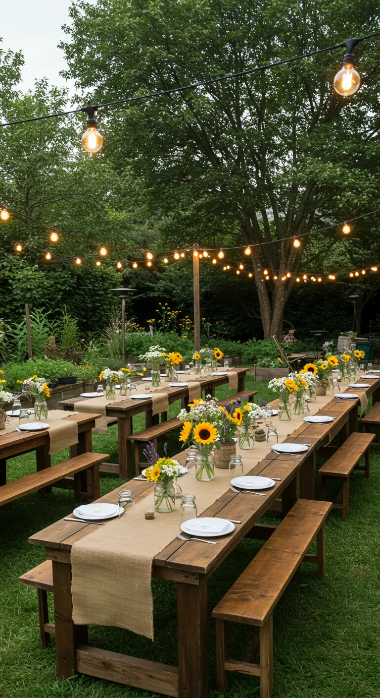 Rustieke houten tafels met banken, zonnebloemen en lichtslingers in tuin.