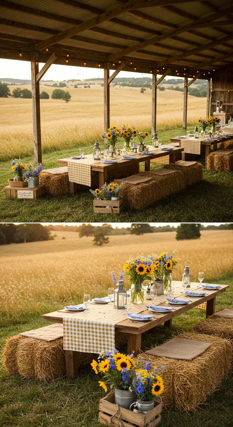 Bruiloftsdecoratie in een veld met hooibalen als zitplaatsen, zonnebloemen en geruite tafelkleden.