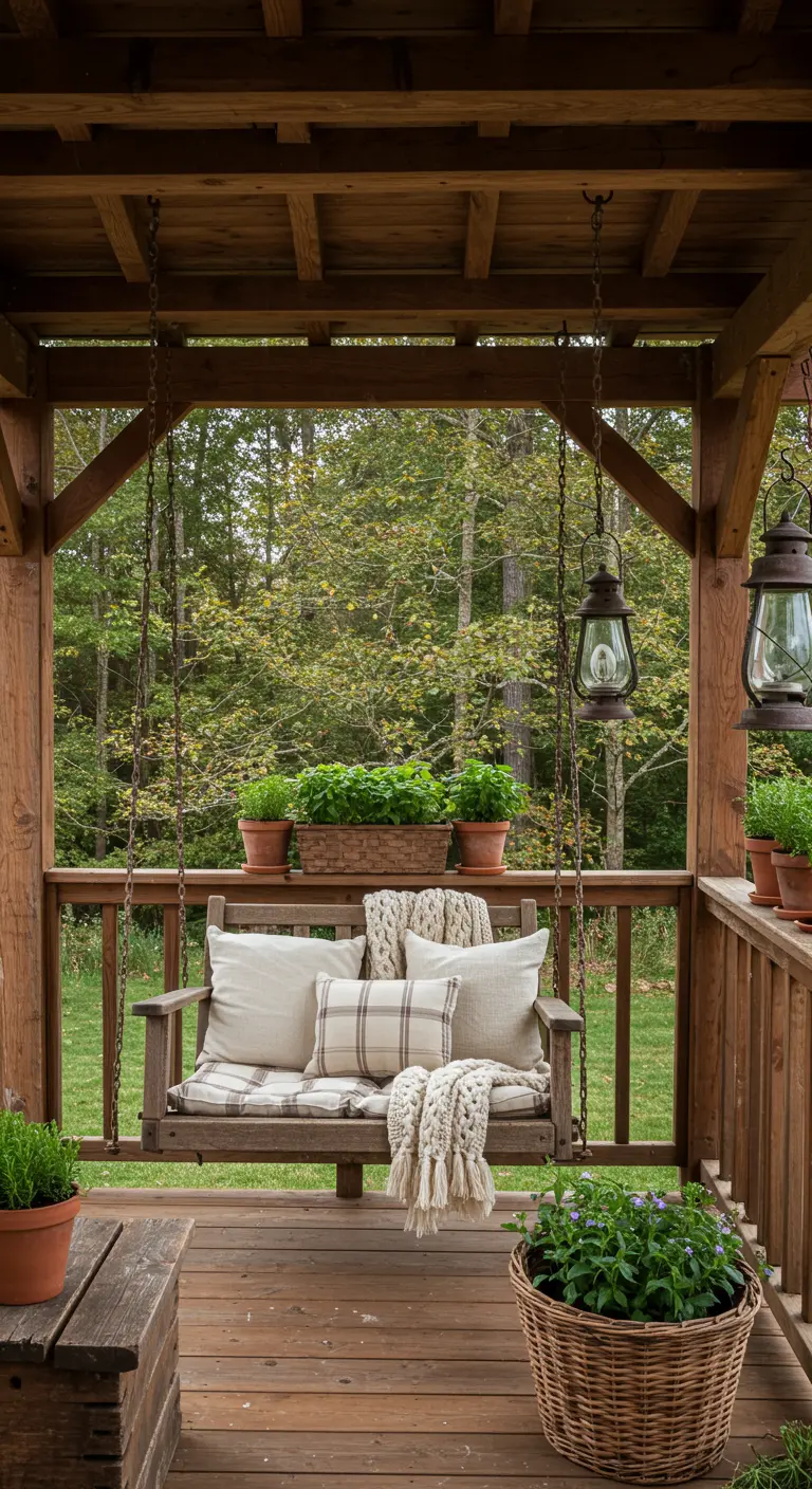 Rustieke houten schommelbank op veranda, plaid kussens, hangende lantaarns, en planten.