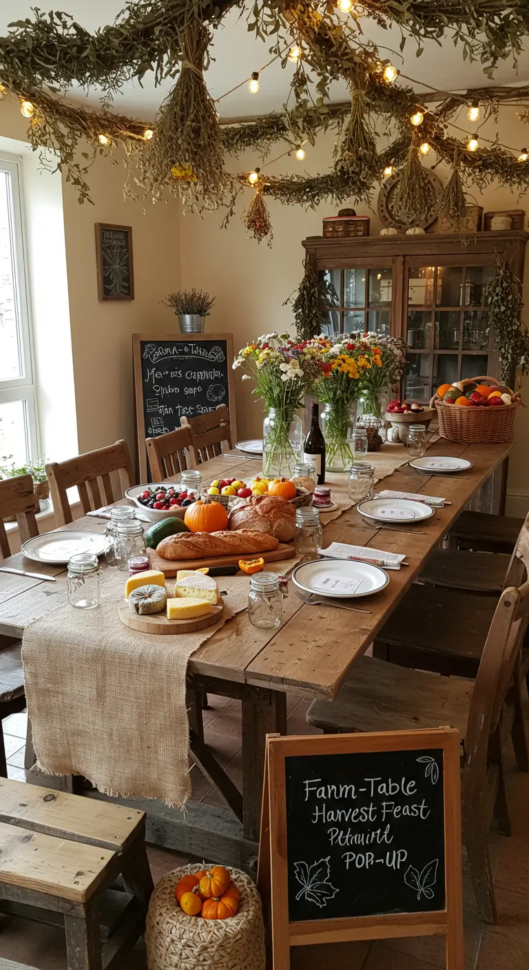 Rustieke boerderijtafel met verse producten, jute loper en veldbloemen in weckpotten.