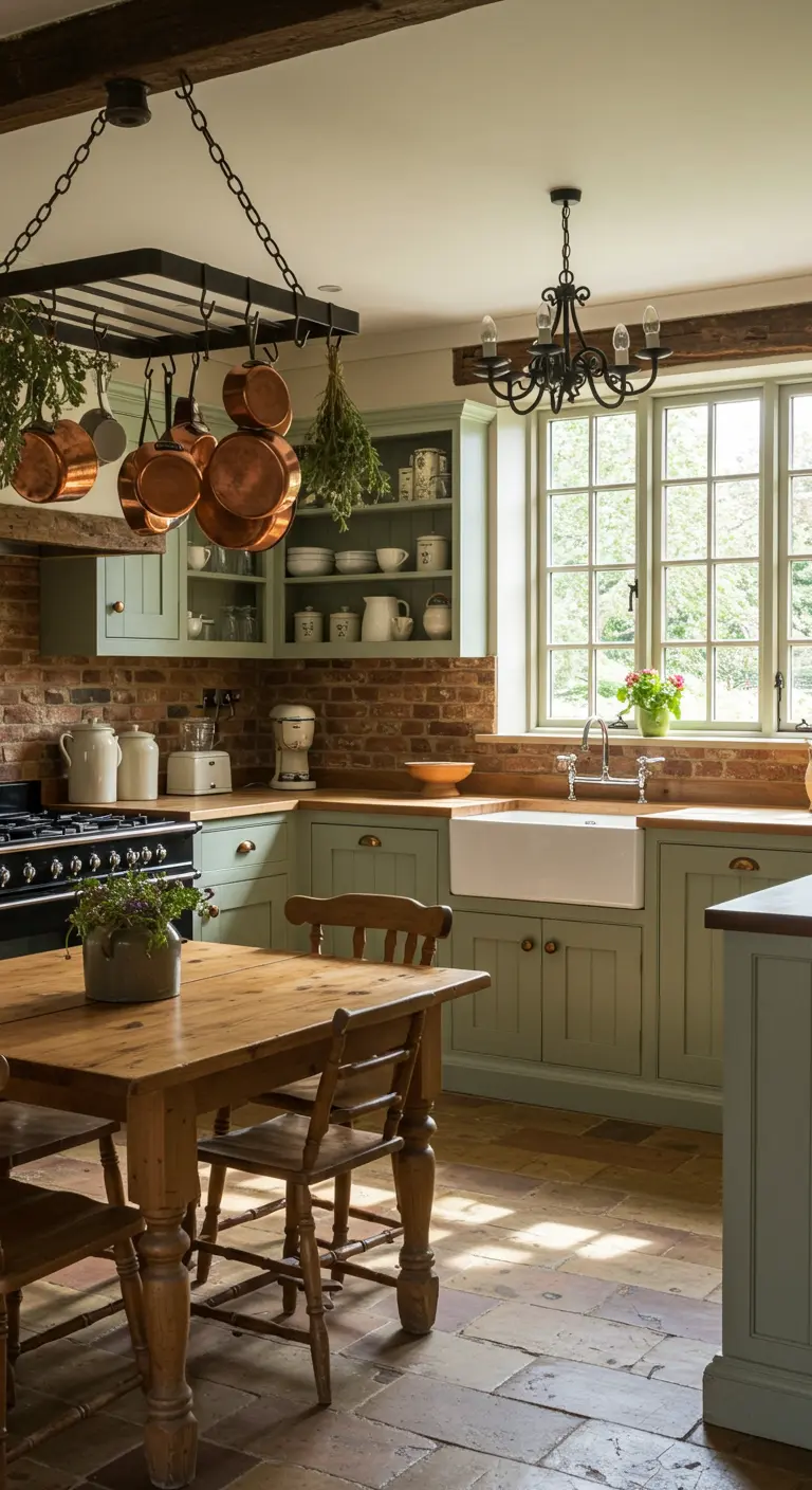 Landelijke keuken met saliegroene kasten, bakstenen muur en koperen pannen.