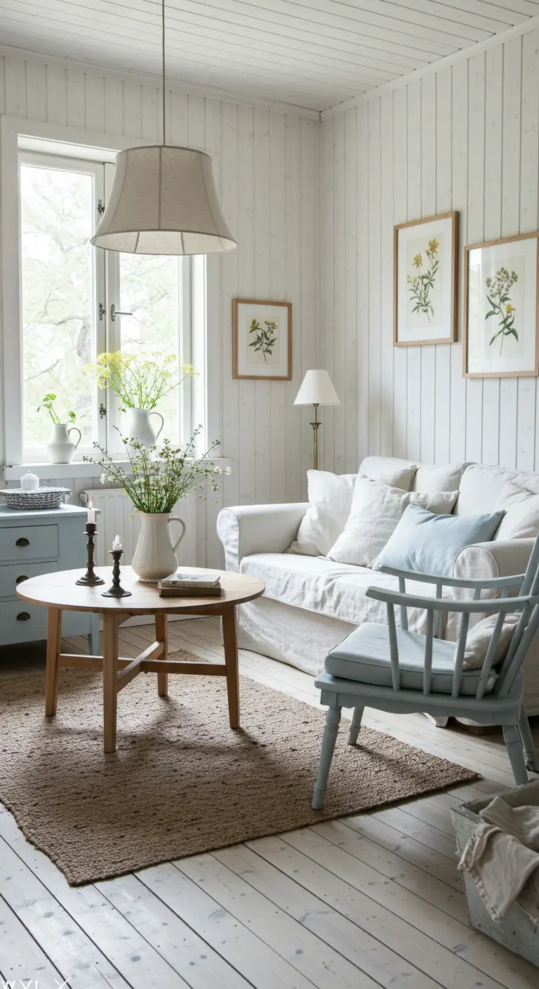 Landelijke woonkamer met witte houten panelen, witte bank en pastelblauwe accenten.