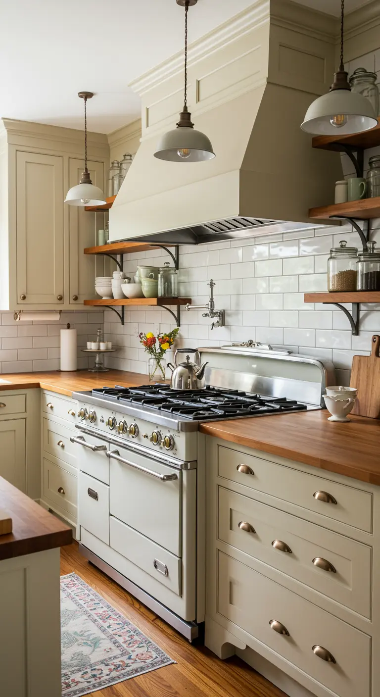 Matte gebroken witte landelijke keuken met groot fornuis en open planken.