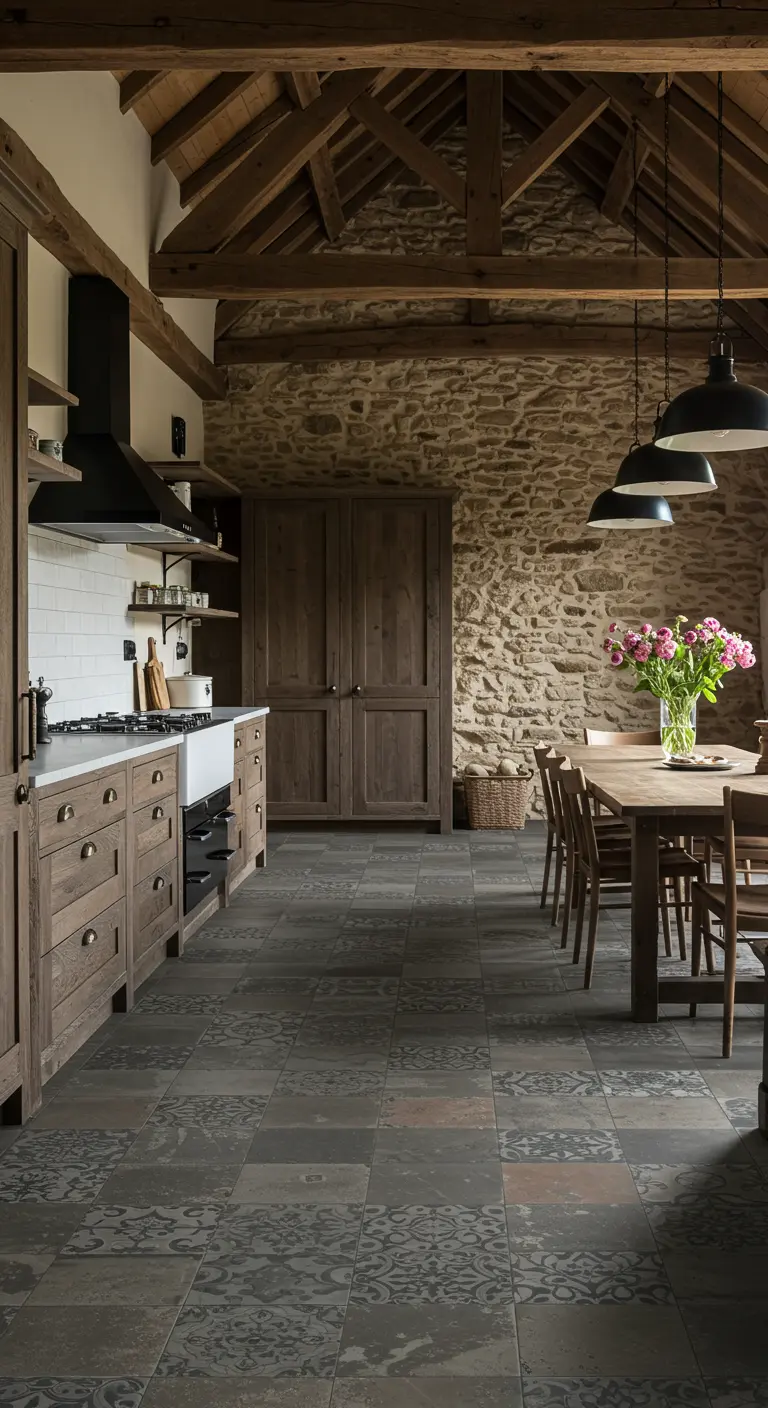 Rustieke keuken met patroonvloertegels, stenen muur, houten balken en houten meubels.