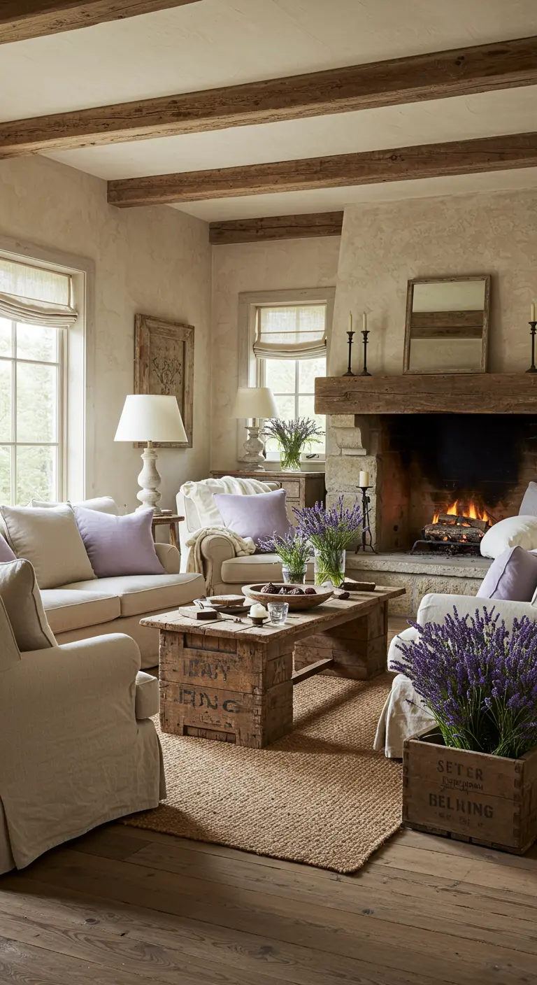 Landelijke woonkamer met stenen open haard, beige banken, lavendel planten en jute kleed.
