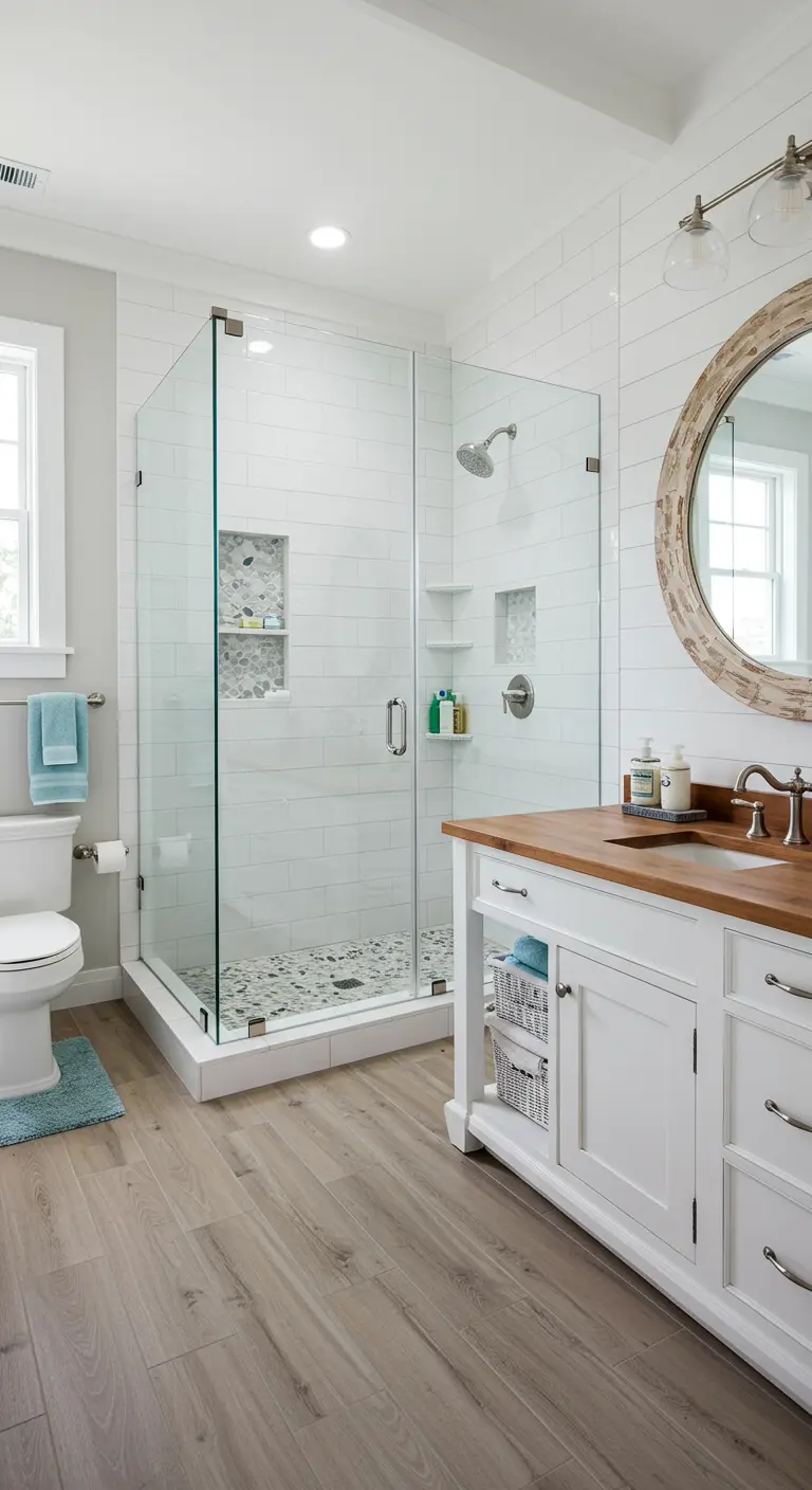Badkamer met inloopdouche, witte metrotegels, houtlook vloer en houten wastafelblad.