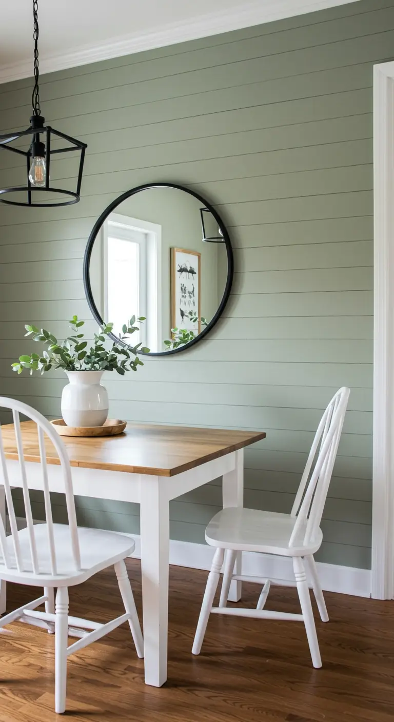 Landelijke moderne eethoek met shiplap muur, ronde zwarte spiegel, houten tafel en witte stoelen.