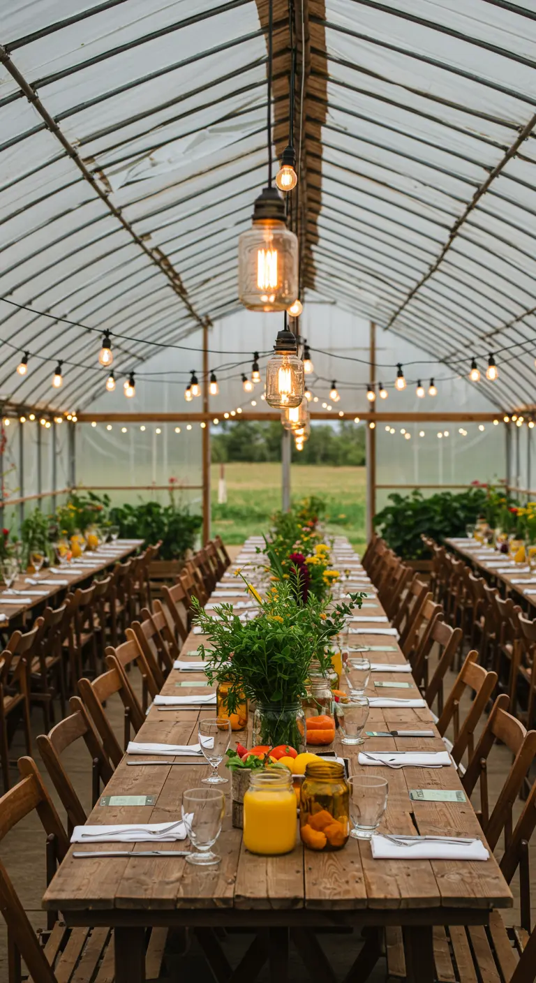 Lange tafel in kas gedecoreerd met groenten, fruit en vintage lampen.