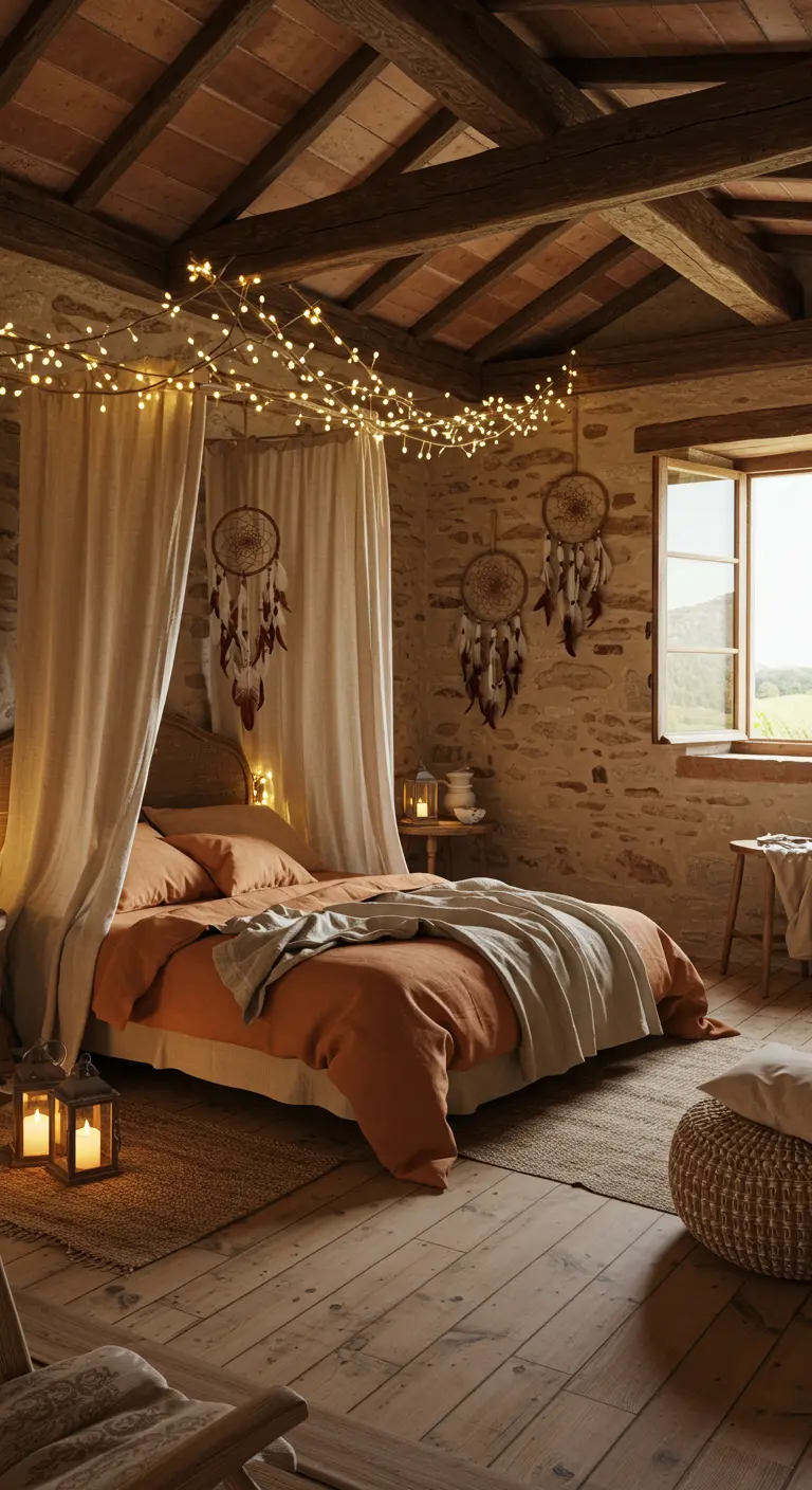 Rustieke slaapkamer met stenen muur, houten balken, warme gordijnen, dromenvangers, lichtjes en lantaarns.